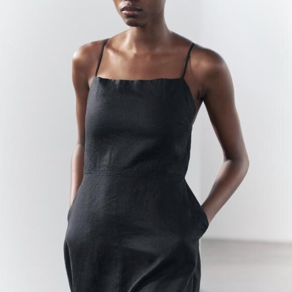 NWT BLACK ZW COLLECTION 100% LINEN OPEN BACK CLASSIC MIDI DRESS - Picture 5 of 9